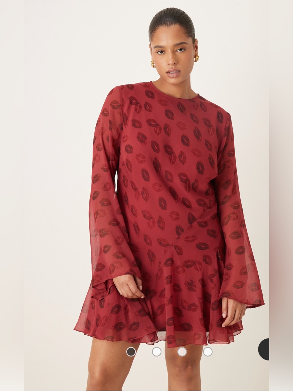 NWT- ASOS Curve long sleeve mini dress with ruffle skirt in red lip print 16